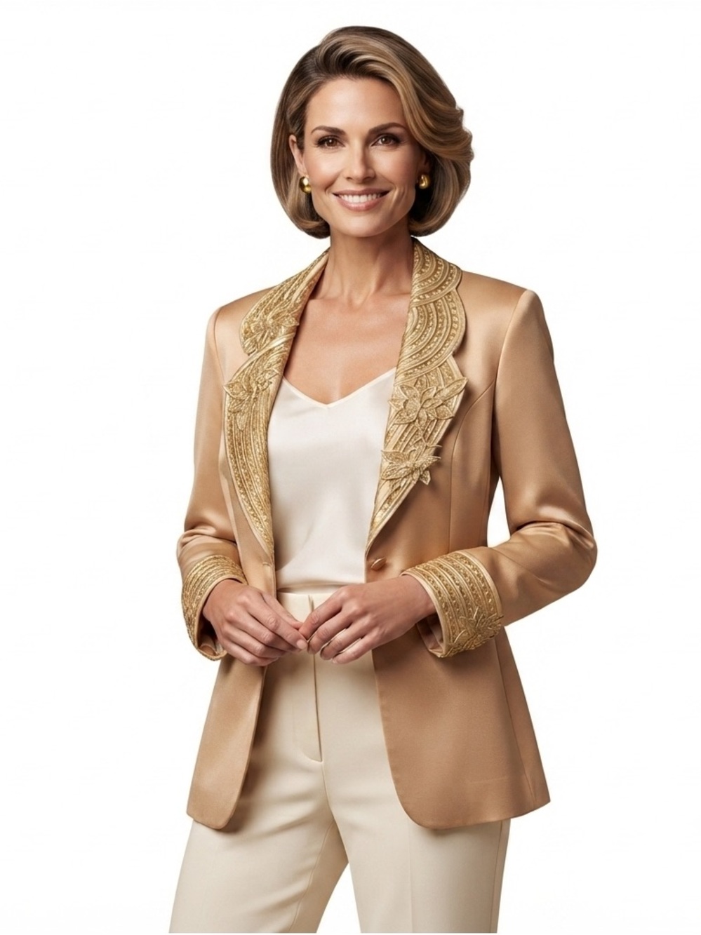 Psalms CIV Tan/Nude Gold Intricate Embroidery Statement Blazer